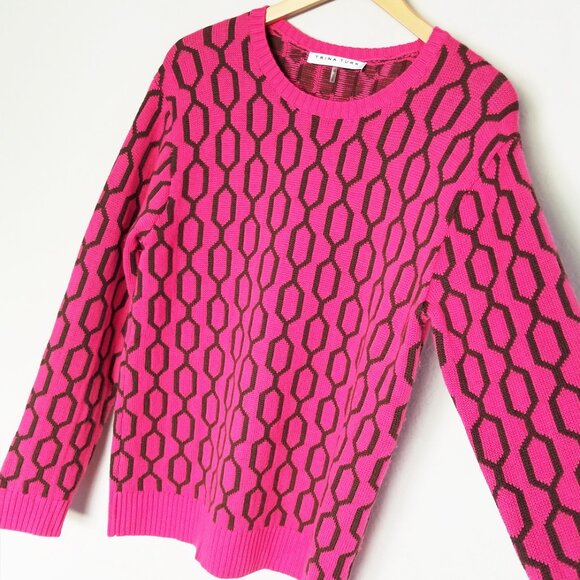 Trina Turk Merino Wool Pink Brown Geometric Honeycomb Crewneck Sweater Size M - Picture 14 of 14